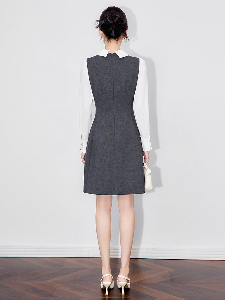 Women's Dress False Two-piece Shirt Belted Waist Flip Collar Dress New Elegant Formal Commuting Long-sleeve Dress