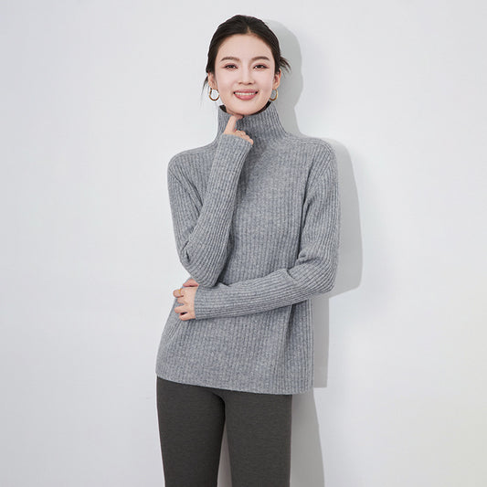 Autumn Winter New Style Women's Knitted Sweater Pure Wool Seamless Seven Needle Thickened High Collar Tassel Stripe Design