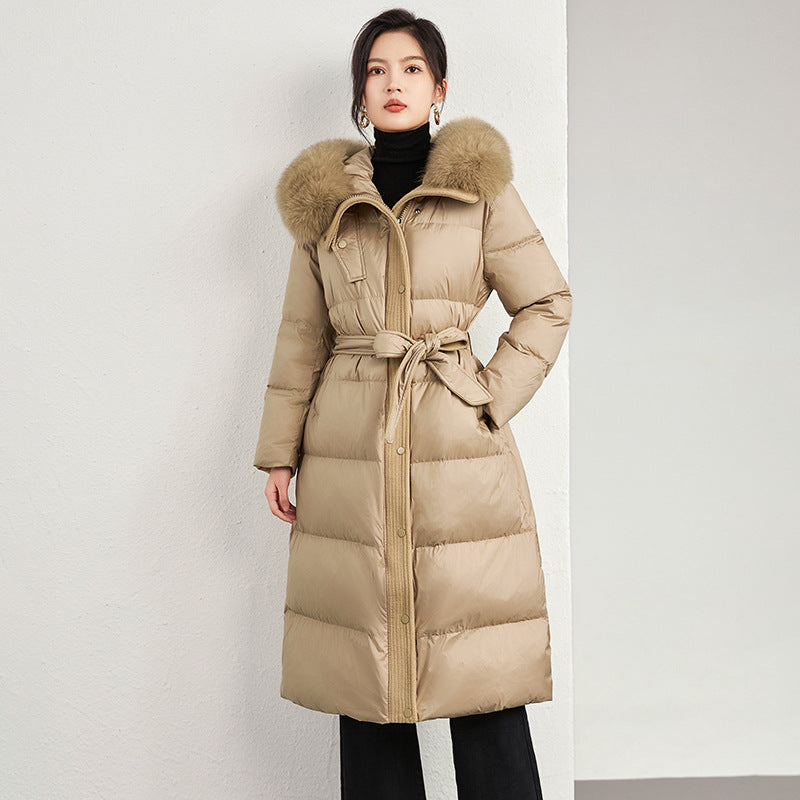 New Real Raccoon Fox Fur Collar Hooded Natural Long Winter Jacket Women 90 White Duck Down Coat Thick Warm Casual Outerwear