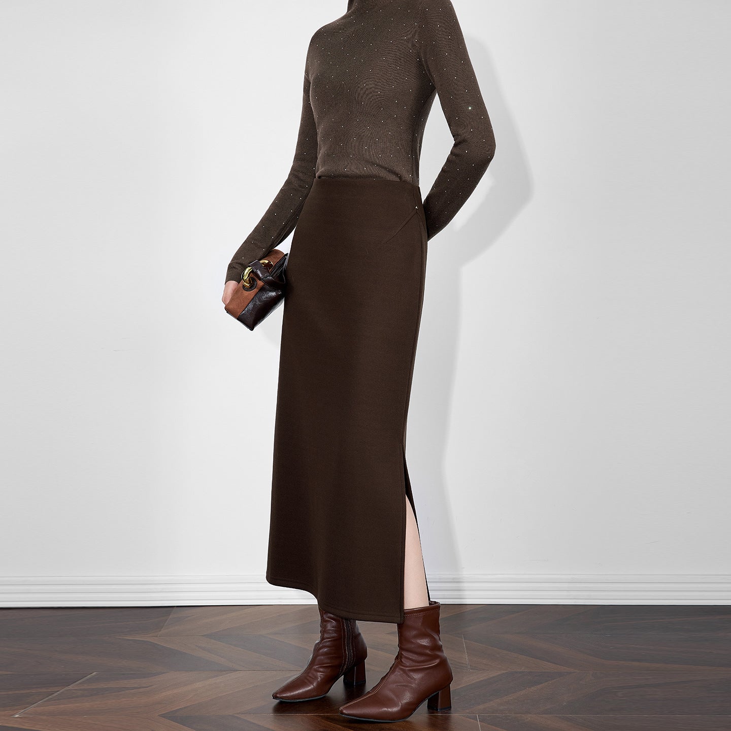 Khaki Woolen High-waisted A- Line Skirt Women's Autumn/winter Slimming Bodycon Skirt Side Slit Sweater Match