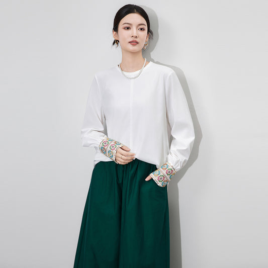 Elegant Embroidered Cotton Shirt Women's Loose Base Layer Long Sleeve Tshirts