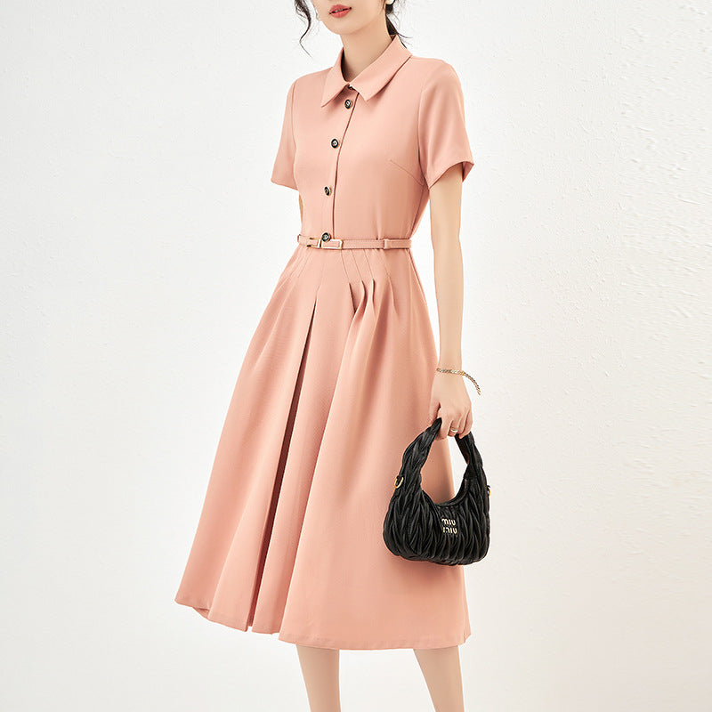 Women Elegant Brief Style Turn down Collar Summer Midi Dress Short Sleeve Solid Pink Black A-Line Casual Office Dress
