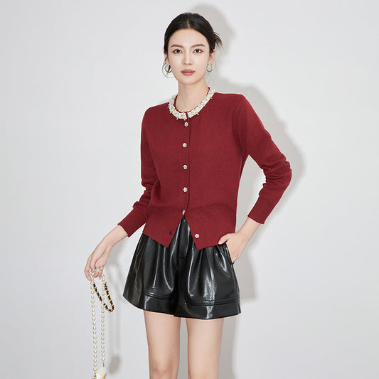 Pearls Beading O-Neck Cardigan Women, Fashion Knitted Gray Long Sleeve