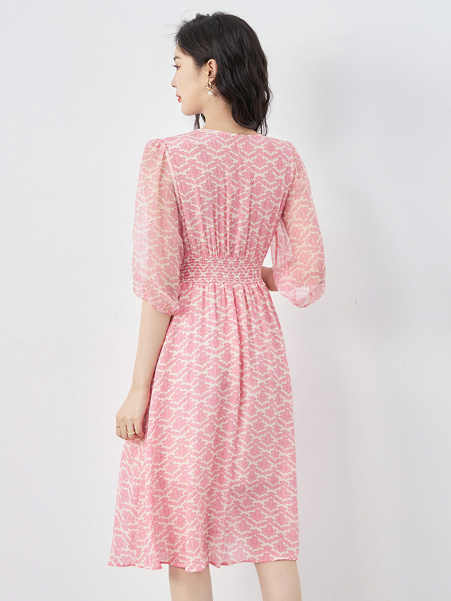 Prairie Chic Women's Floral Print Dress 2025 Summer V-neck Elegant Fashion Dresses For Women 100% Real Silk A-line Long Dress