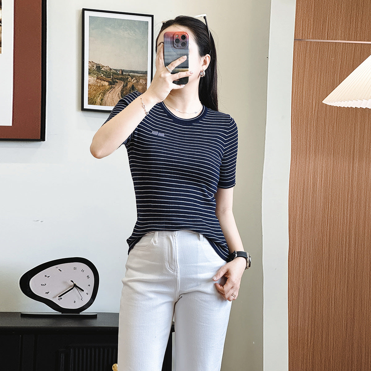 Ultrafine Secret Weave Slim Stripe Knitted Casual Commute Color Block Short Sleeve Silk Leisure Korean Style Round Neck Sweater