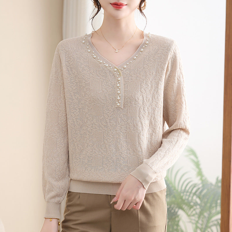 Women's Solid Color Pullover Beads V-neck Casual Fashion Long-sleeved Top