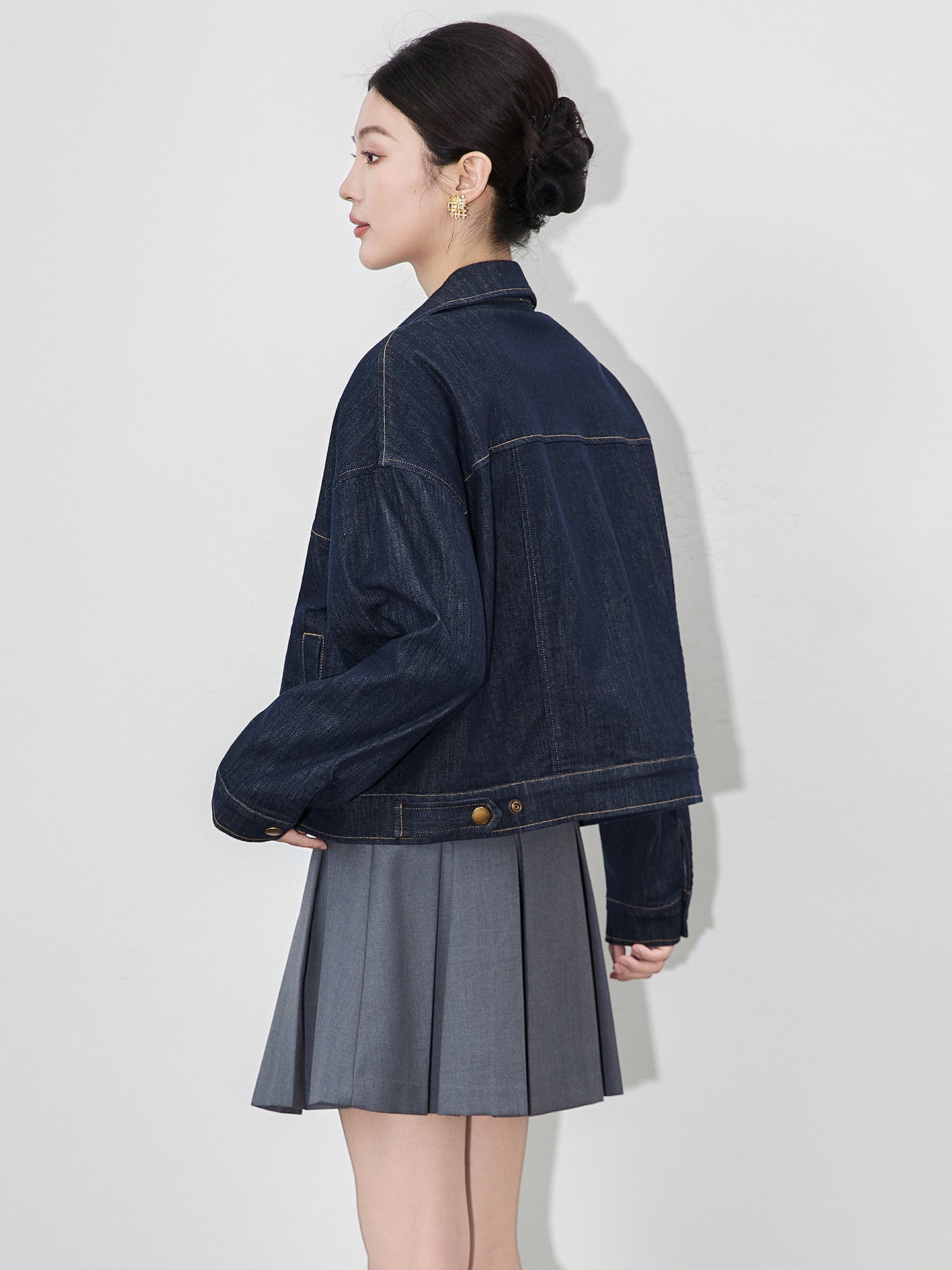 Women's Jean Jacket Fashion Loose Cuffs Plaid Sleeve Single Breasted Denim Coat