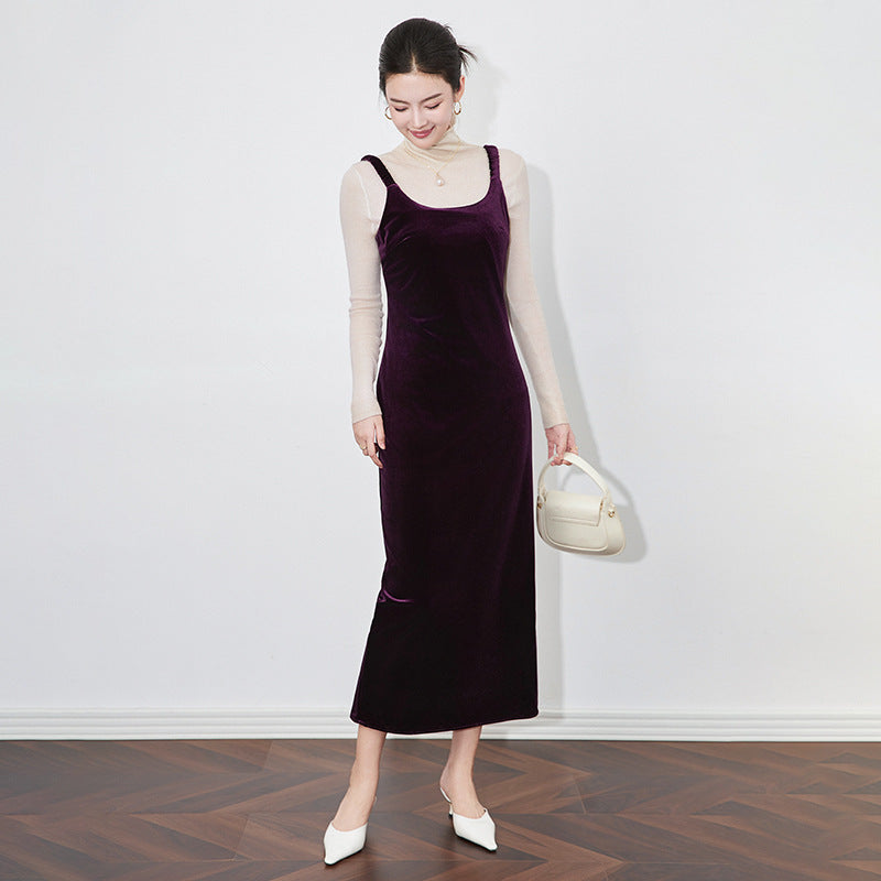 Women Velvet Cardigan and Strap Dress Elegant Lady Clothes