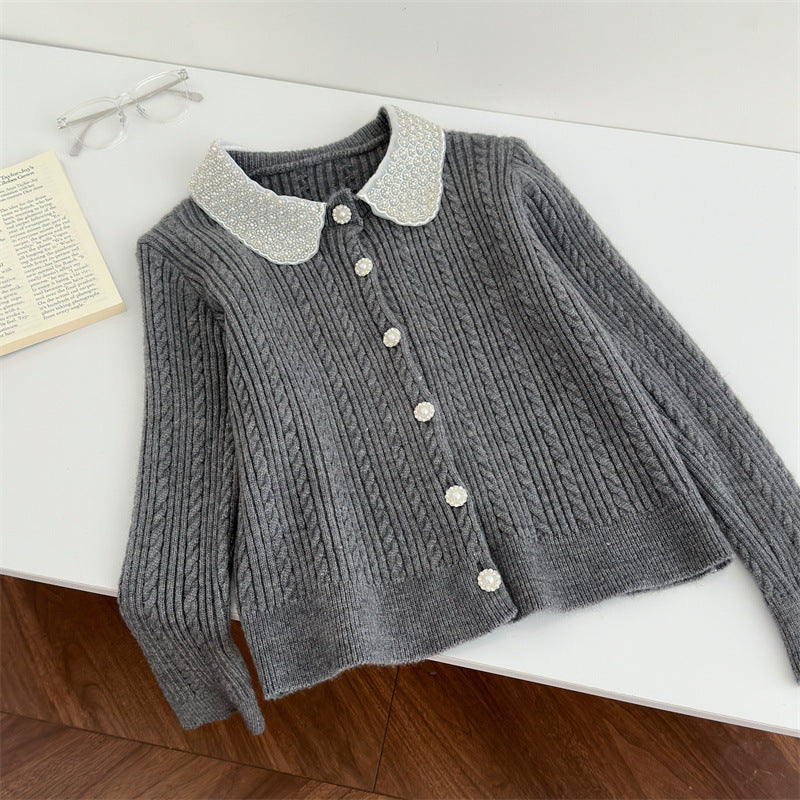 Ele European Sle Knitted Cardigan Women's Long Sve Turn-down Collar Pearl Button Heavy Embroidery Faion Top
