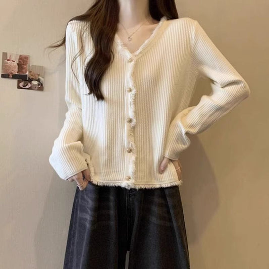 French Chic V-Neck Long Sleeve Sweater Coat Women's Fashion Tassel Single Breasted Knitted Cardigan Autumn New Loose Ladies Tops