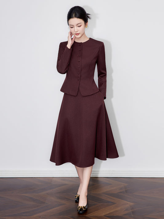 Autumn Women  New Solid O-neck Single Breasted Office Lady Long Sleeved Blazer Tops + High Waist Midi Skirts Two-piece Set