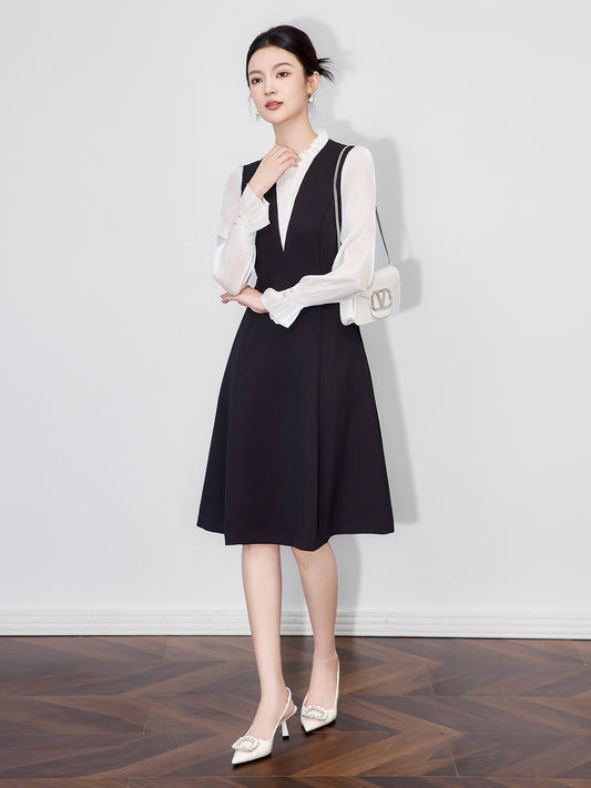 Fashionable Elegant Large Size Dress V-Neck Slimming Commute Versatile Stylish Black Dress Autumn New Arrival Women's Clothing