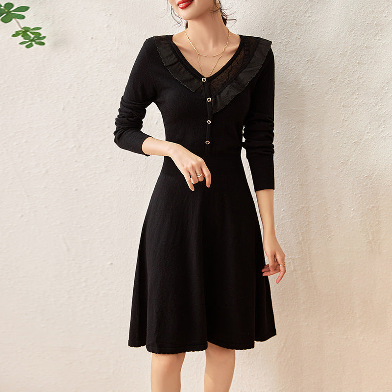 Fashion Peter Pan Collar Button Lace Midi Dress Women's Clothing Autumn Winter Loose Solid Color Office Lady Ladies Dresses