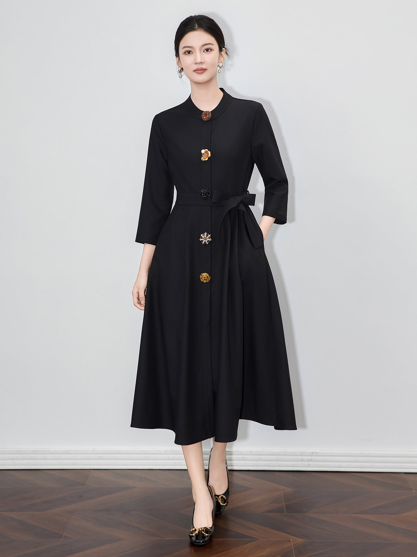Women's Autumn/Winter Solid Dress Round Neck 3/4 Sleeve Button Waist A-line Elegant Dresses for Women