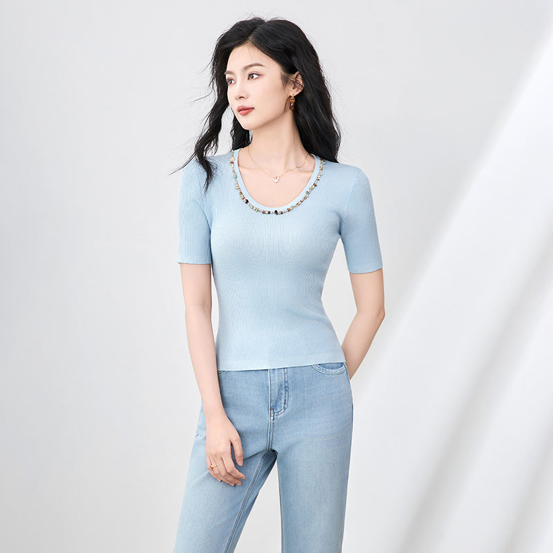 Heavyweight Round Neck Beaded Hook Knit Top Fashionable Slim Short Sleeve Summer Women's Shirt Design Sense Silk Knittedwear
