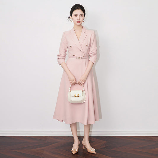 Elegant Chic Ladies Spring Office Blazer Dresses Long Sleeve Women Fashion Notched Solid Blue Pink Midi Dress with Belt