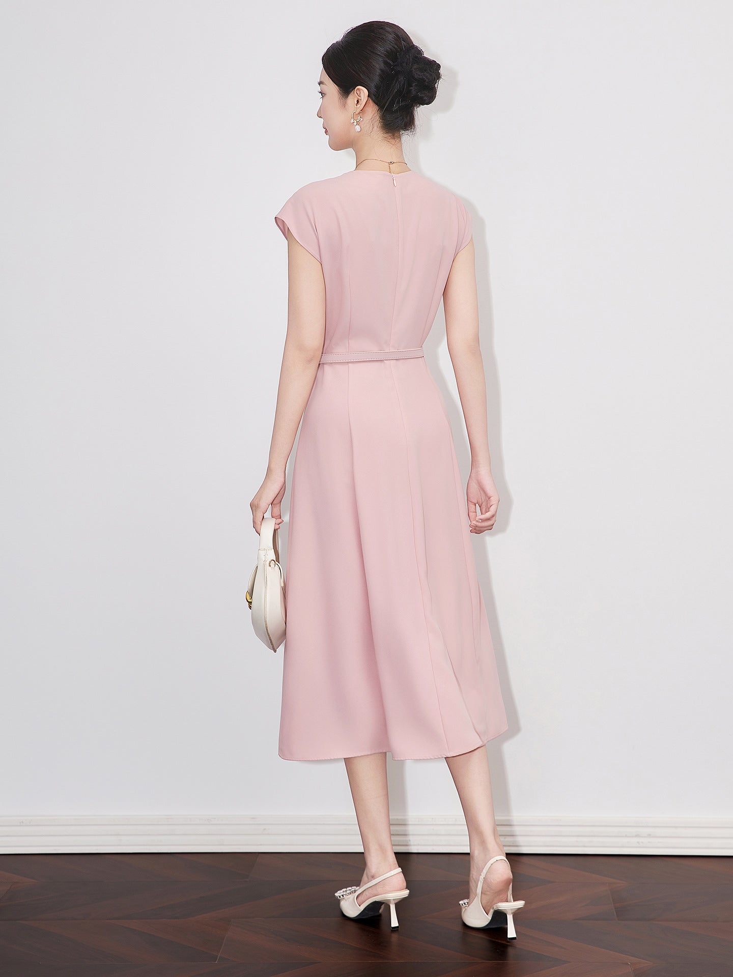 Elegant Fashion Commuter Pink Dress Crew Neck Sleeveless High Waist Belt Slim A-line Temperament Long Dress Women Summer