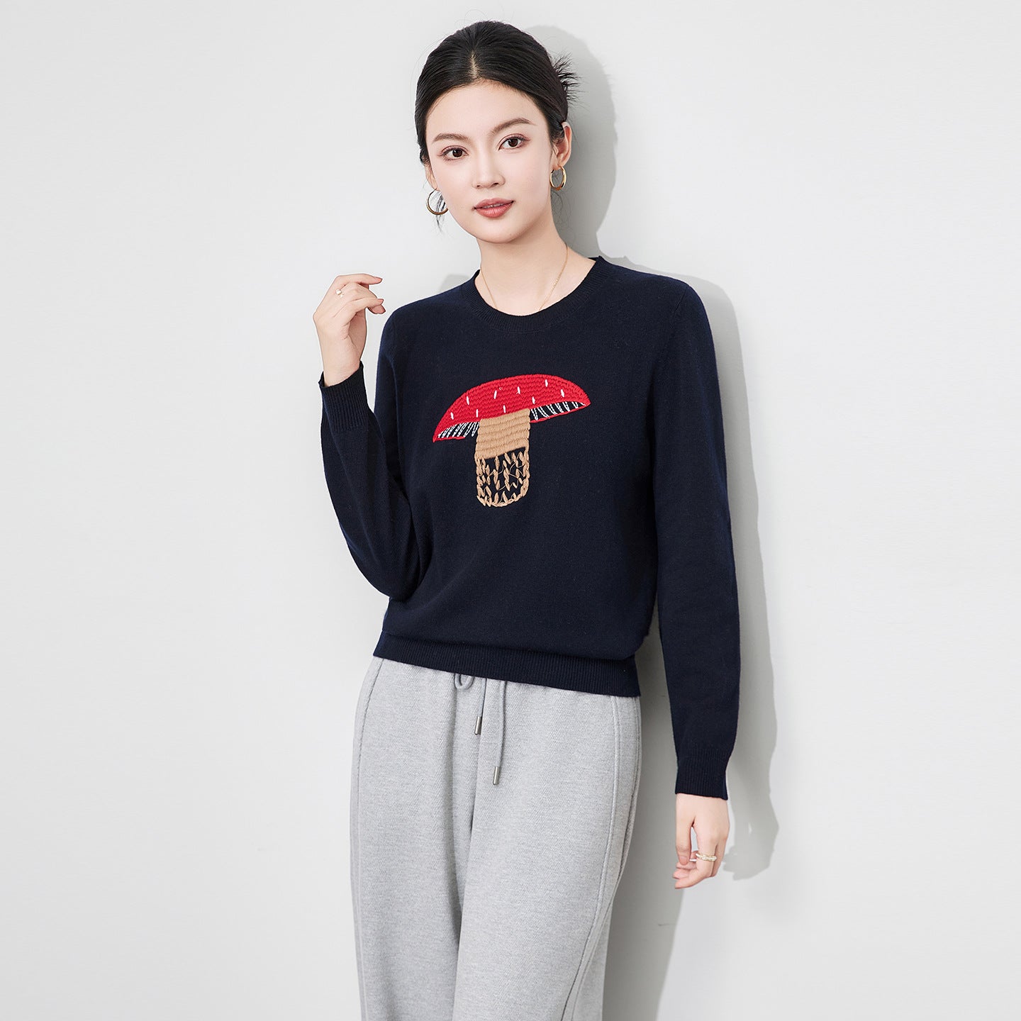 Sweater Top with 3D Embroidered Mushroom Design Versatile Knitwear for All Seasons