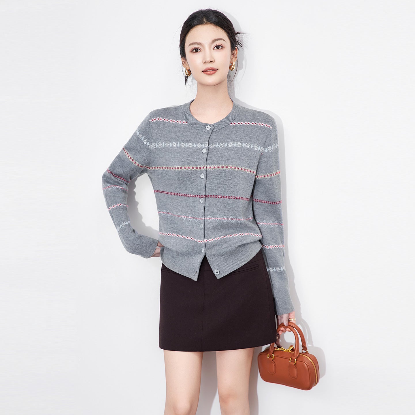 Long Sleeve Knitted Cardigan Sweater Ultrafine Merino Wool Fair Isle Texture Women's Crew Neck Full Length Coat