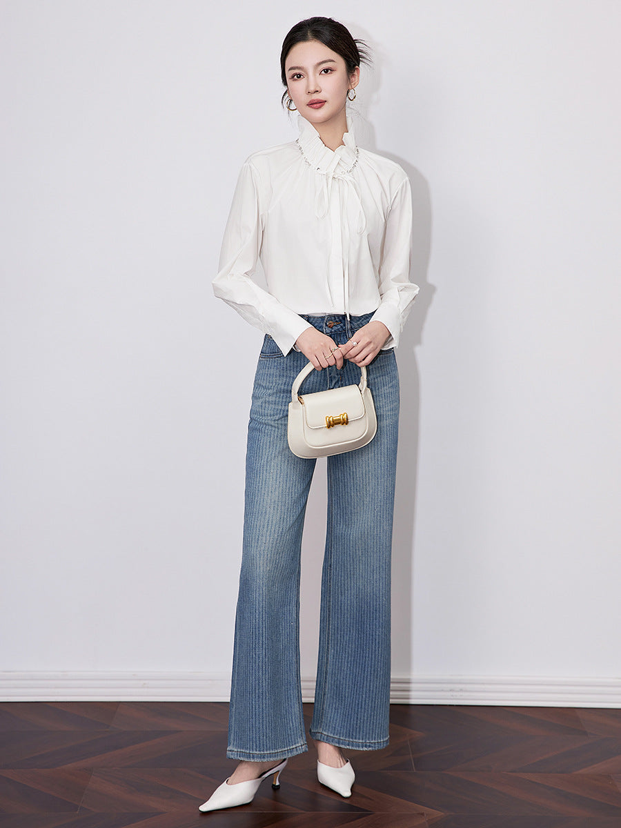 Blue Commuter Butterfly Knot Lace Collar Loose Long Sleeve Striped Shirt Women's Lazy Style Fashionable Basic Patchwork Shirt
