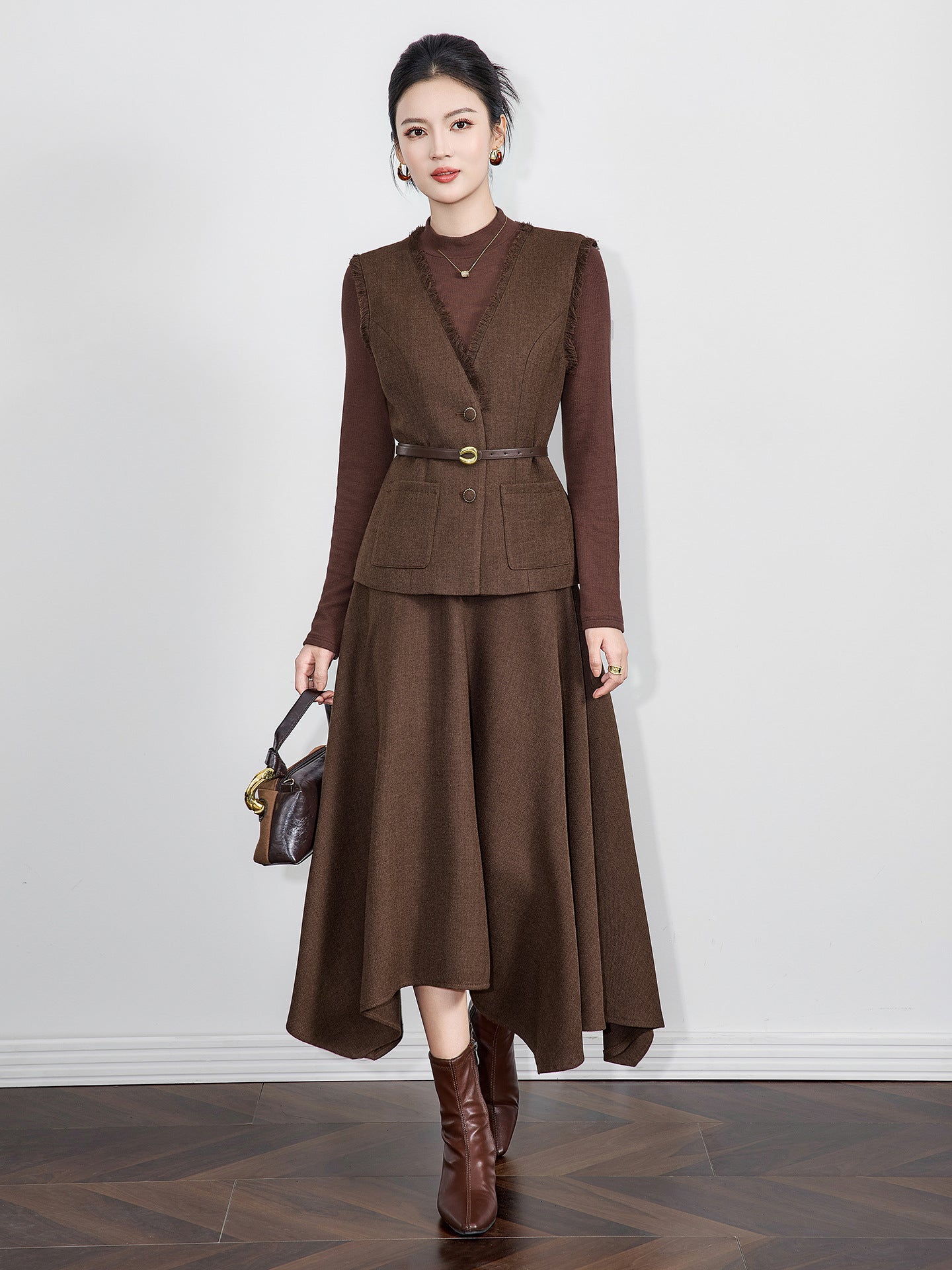 Retro Solid Color Long Sleeve Half High Collar Vest Tassel Furry High Waist Pleated Maxi Skirt Three Piece Set Women's Casual