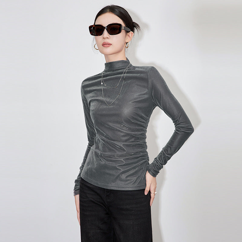 Velvet Long Sleeve High Collar Gauzy Beauty Base Shirt Fashionable All-Match Top T-Shirt Women's Elegant Commute Style