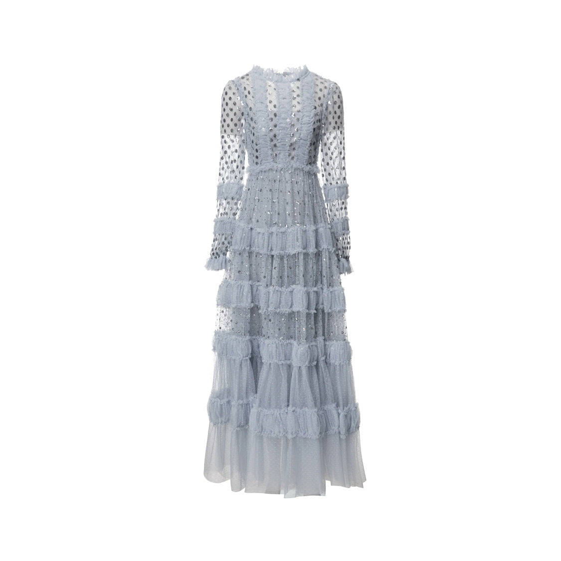 Fashion Women's Elegant Luxury Maxi Dress Round Neck Long Sleeve Spliced Sequins Mesh Dresses
