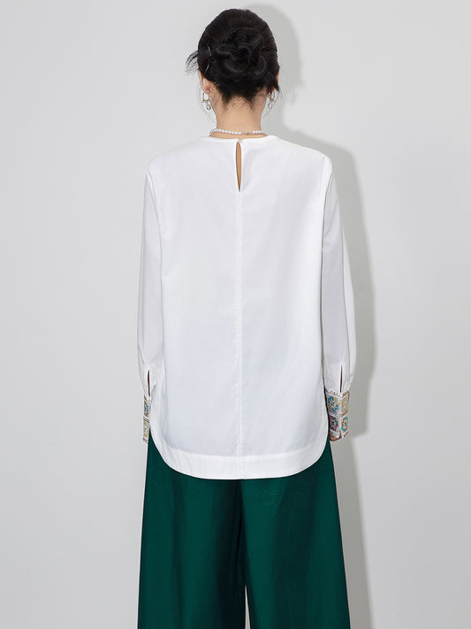 Elegant Embroidered Cotton Shirt Women's Loose Base Layer Long Sleeve Tshirts