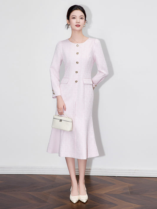 French Elegant Temperament Commuter Fishtail Dress Square Neck Long Sleeve Single Breasted High Waist Belt Slim Long Dress Women