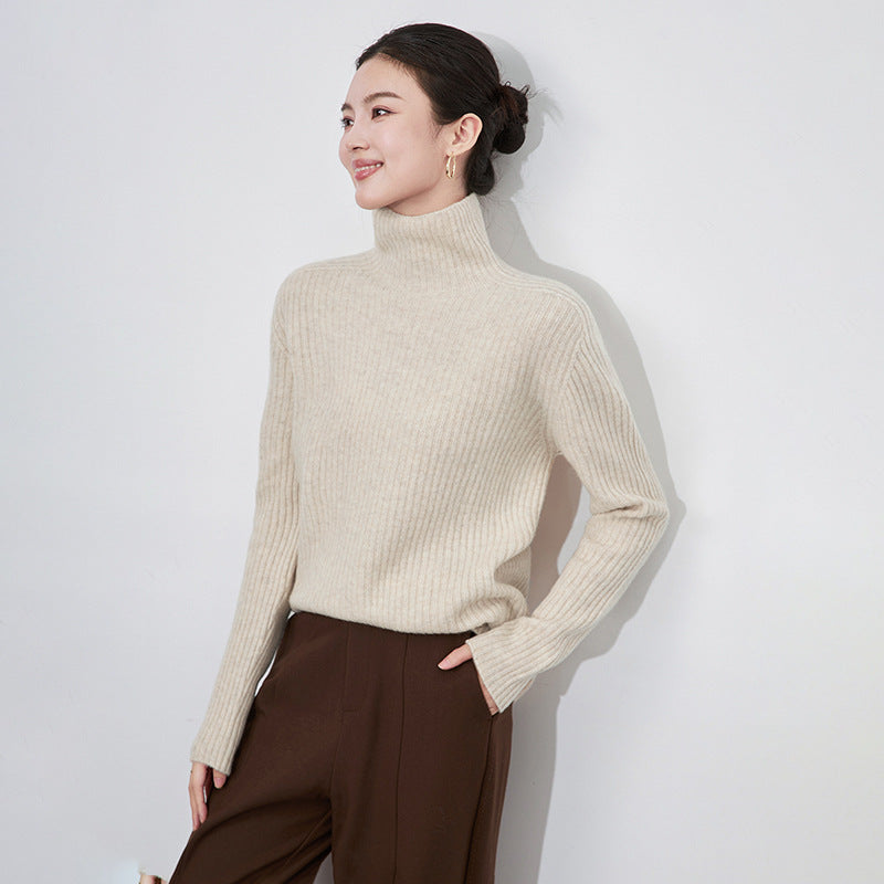 Autumn Winter New Style Women's Knitted Sweater Pure Wool Seamless Seven Needle Thickened High Collar Tassel Stripe Design