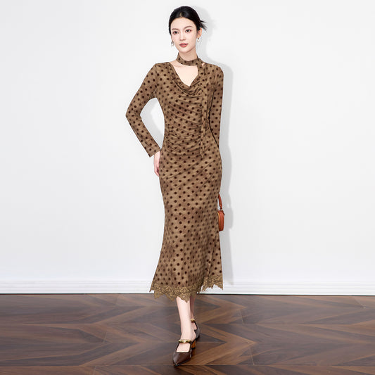 French Style Summer Long Sleeve Dress Women's V Neck Low Chest Polka Dot Print Slim Fit Long Sleeve Maxi Dress
