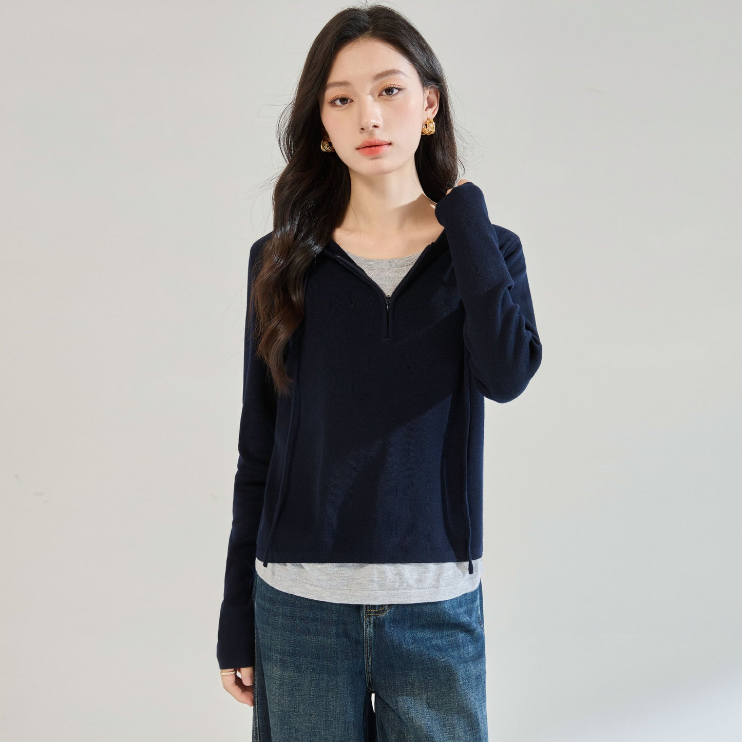 100% Pure Cotton Striped Knitted Thickened Hooded Sweater Loose Overhead Color Block Base Shirt Women's Wear