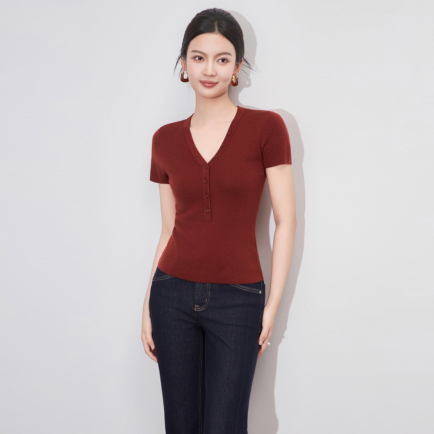 Slim Fit V-Ne Ort Sve T-irt Women's Casual Sle Cotton Blend Comfortable Breathable Summer Top Faionable Design