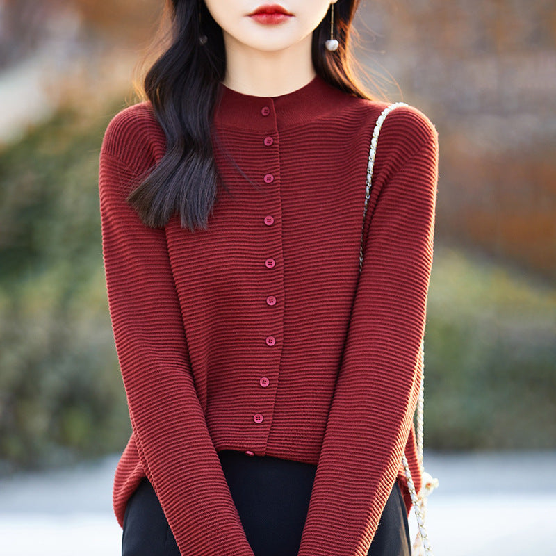 Spring Autumn Women's Round Neck Knitted Sweater Silk Wool Blend Open Cardigan Plain Color Full Sleeve Casual Outerwear