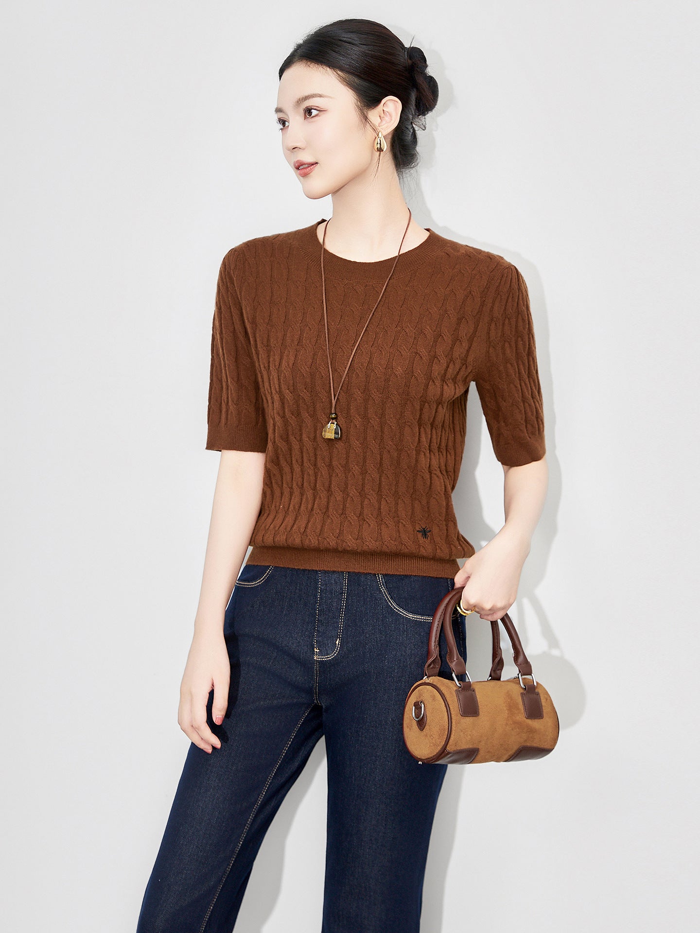 Soft Cashmere Women's Round Neck Solid Color Half Sleeve Autumn Winter New Knitted Twist Mid Sleeve Cashmere Sweater Base Layer