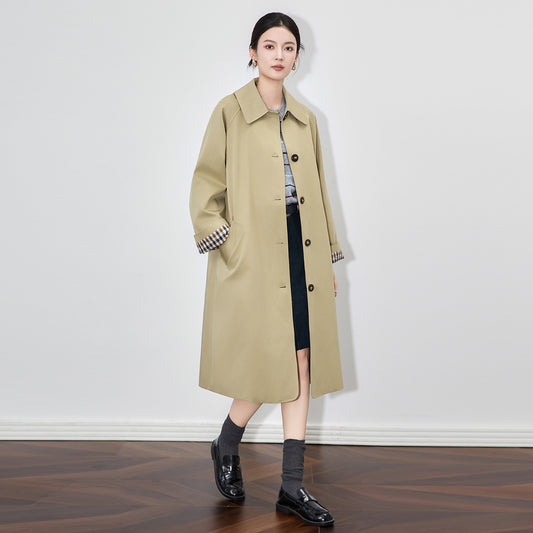 Color Plaid Women French Long Trench Coat Turn-Down Collar Lady Single-Breasted Mid-Length Windbreaker Jacket Tops