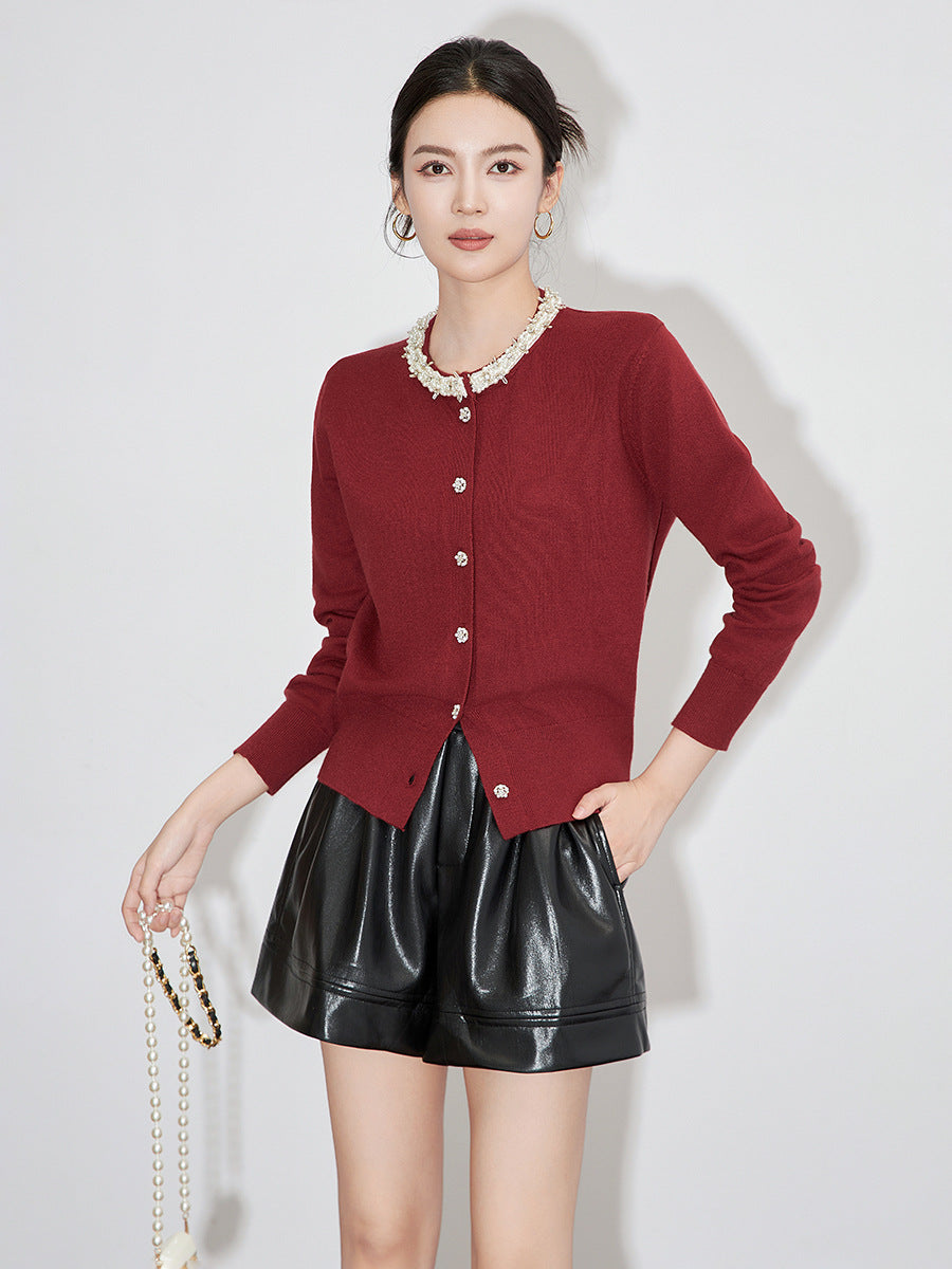 Light Sweet Gray French Age Reduction Bead Sweater Cardigan, No Pilling Knitted Cardigan Top 10% Wool Comfortable