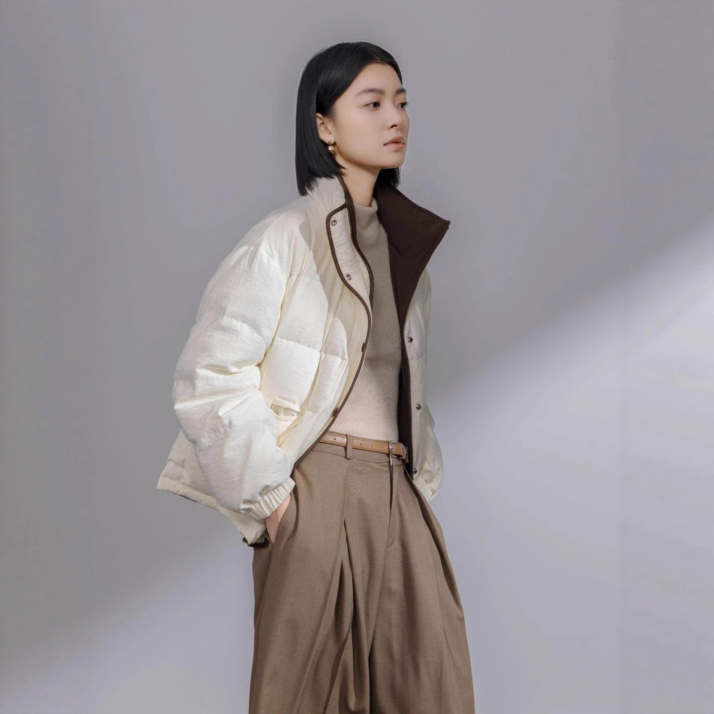 Autumn and Winter High Quality 2025 Women's New Knitted 100% Wool High Collar Belt Down Jacket