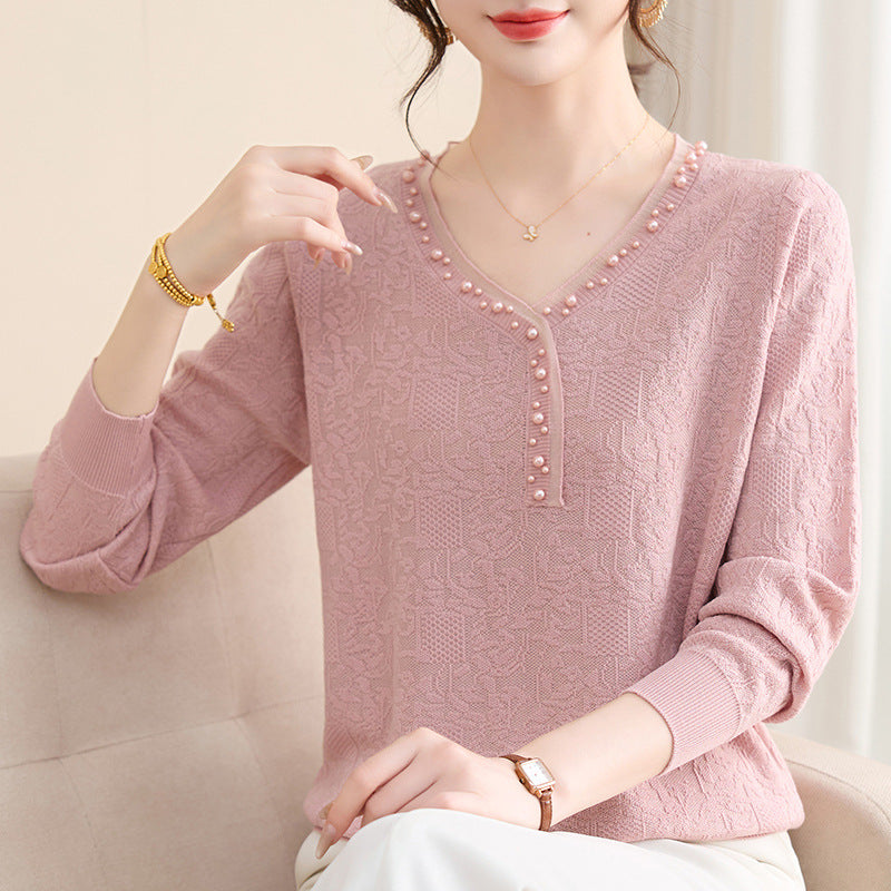 Women's Solid Color Pullover Beads V-neck Casual Fashion Long-sleeved Top