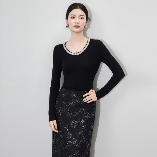 Black Long Sleeve round Neck Knitted Sweater Women's Slim Fit Design Base Shirt Inner Wear Autumn Winter New Style Floral Print