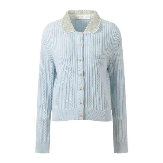 Ele European Sle Knitted Cardigan Women's Long Sve Turn-down Collar Pearl Button Heavy Embroidery Faion Top