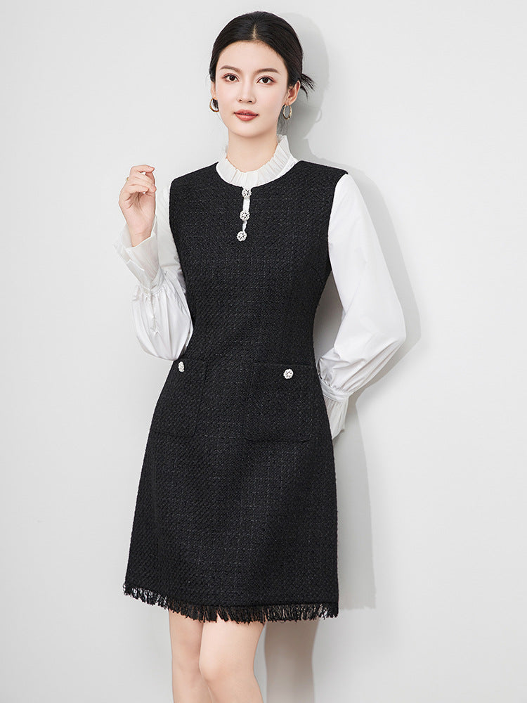 Black Tweed dress Spring / Autumn Women's Dress sleeveless Ladies Slim Bottoming Dress One-piece