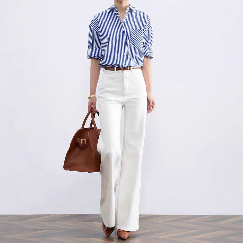 High Waist Wide Leg White Flared Jeans Women's Spring Loose Fitting Floor Length Non-Matching Leggings Casual Denim