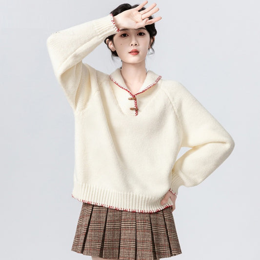 Autumn Winter Loose Women's Knitted Sweater Soft Cozy Overhead Design Sensation Small Audience Cord Collar Button Outwear