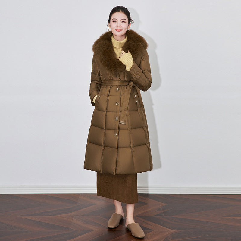 Women's Down Jacket Fox Fur Collar Long Over-Knee Warm Hooded White Duck Down Coat Female Outerwear