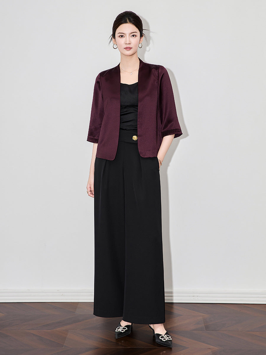 Spring Summer Pure Color Acetate Suit Jacket Women's Short Five Sleeve Collarless Versatile Stylish Single Piece Blazer