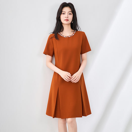 French Temperament Simple Commuter Dresses Diamond Round Neck Short Sleeve High Waist A-line Elegant Pleated Evening Dress