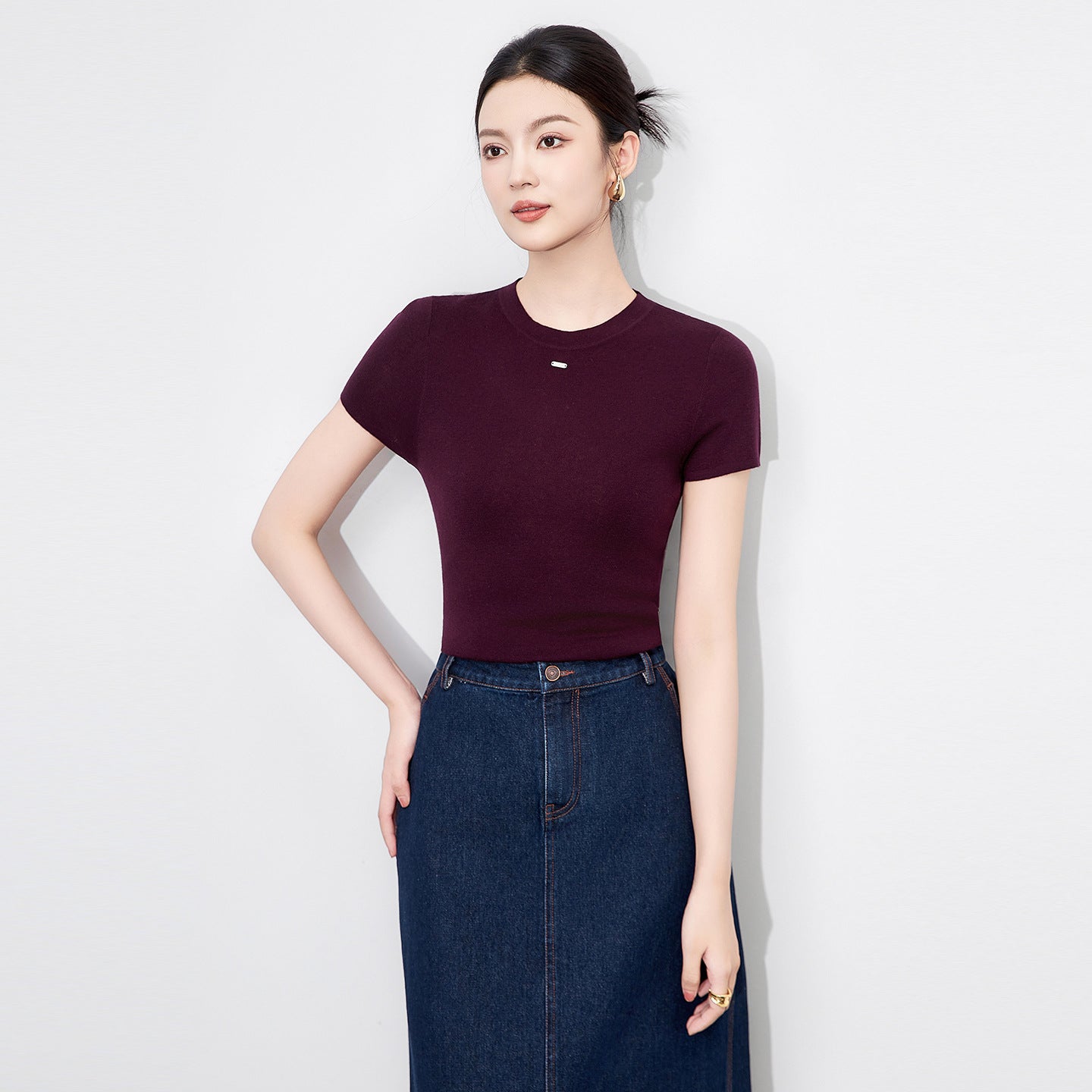 T-irt Women's Elastic Casual Sports Top American Sle Pure Color Slim Fit Summer Round Ne Irt