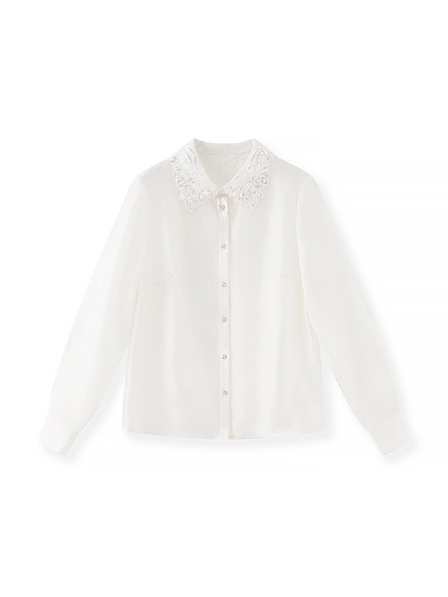 Women's Sequins Diamonds Bows Lace Shirt 2025 Spring Fashion Lapel Long Sleeves Loose Blouse