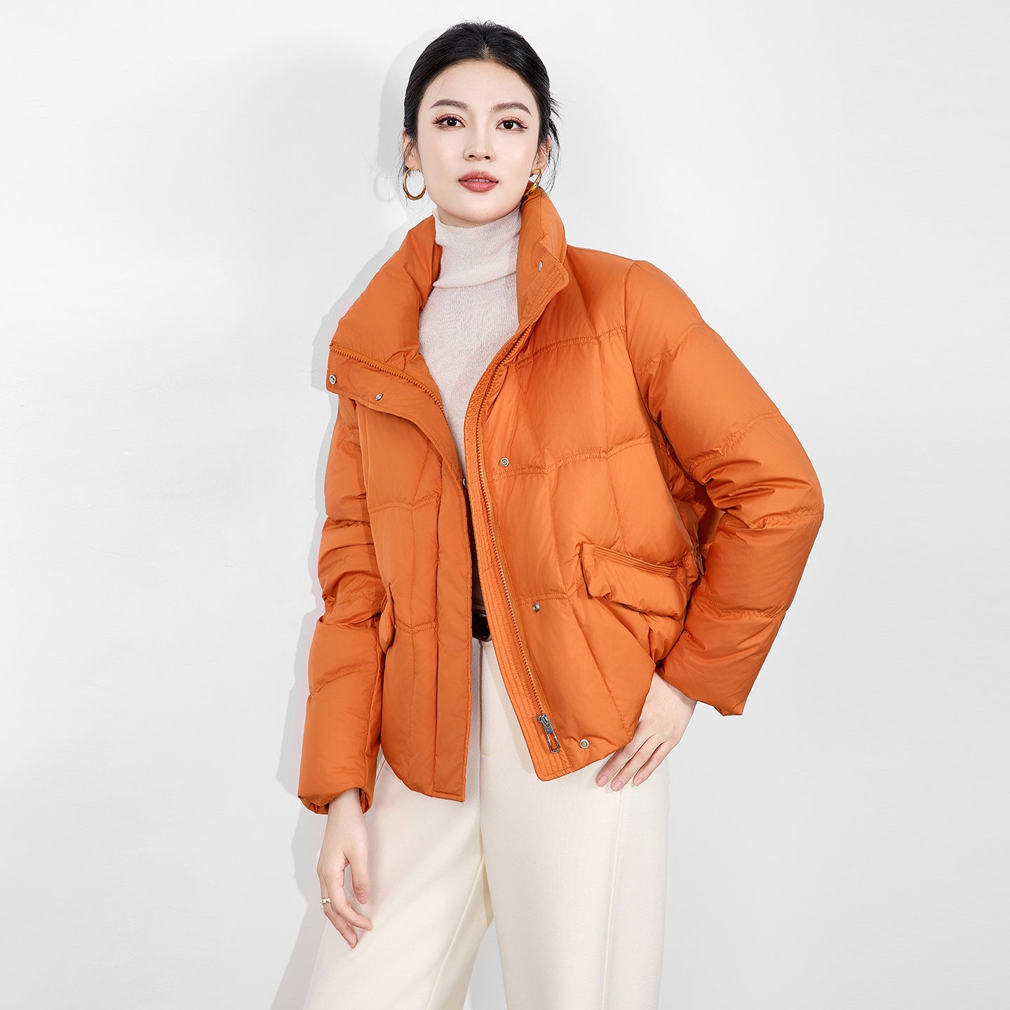 Winter Warm Down Jackets Stand Collar Button Closure Pocket Details Casual Warm Female Padded Puffer Coats